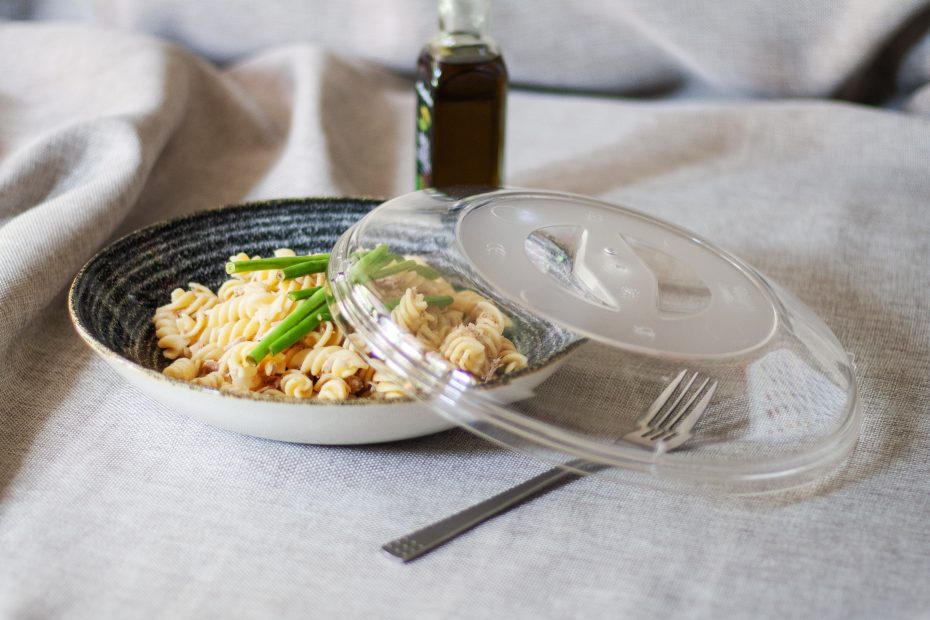 Clear Low Plate Cloche in Use with Pasta Dish