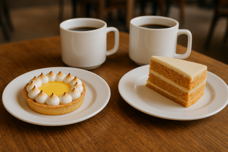 Small Dessert Plates with Cakes and Coffee Mugs