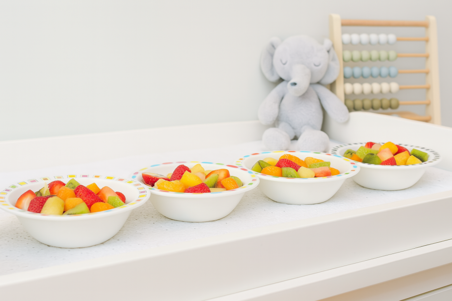 Small Patterned Duo Bowls with Fruit Salad in Nursery