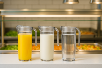 Fridge Jugs with Breakfast Drinks on Counter