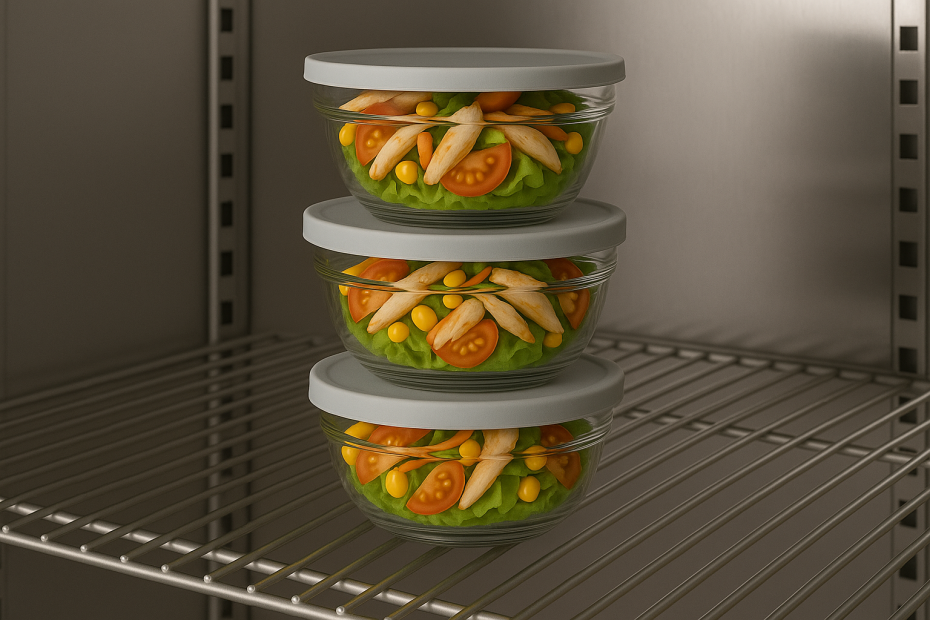 Salad Portions in Small Clear Bowl with Lid Stacked in Fridge