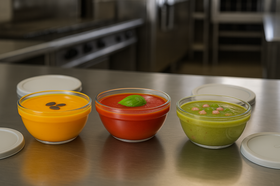 Small Clear Bowls and Grey Lids with Soup Portions