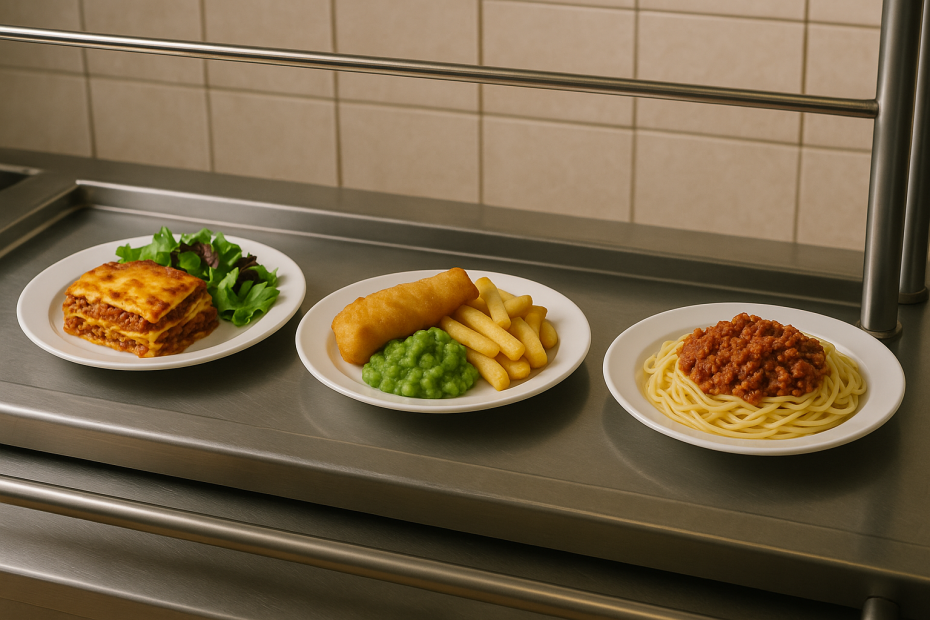 Selection of Dinner Meals on Large White Plates in Industrial Kitchen