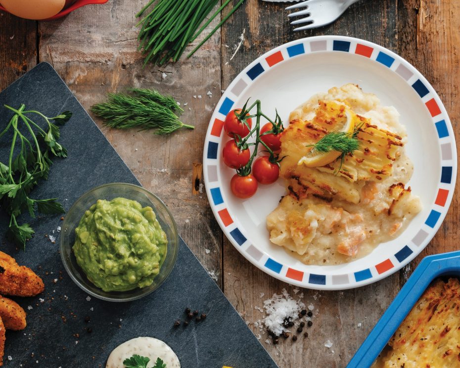 Fish Pie on a Blue and Red Square Plate