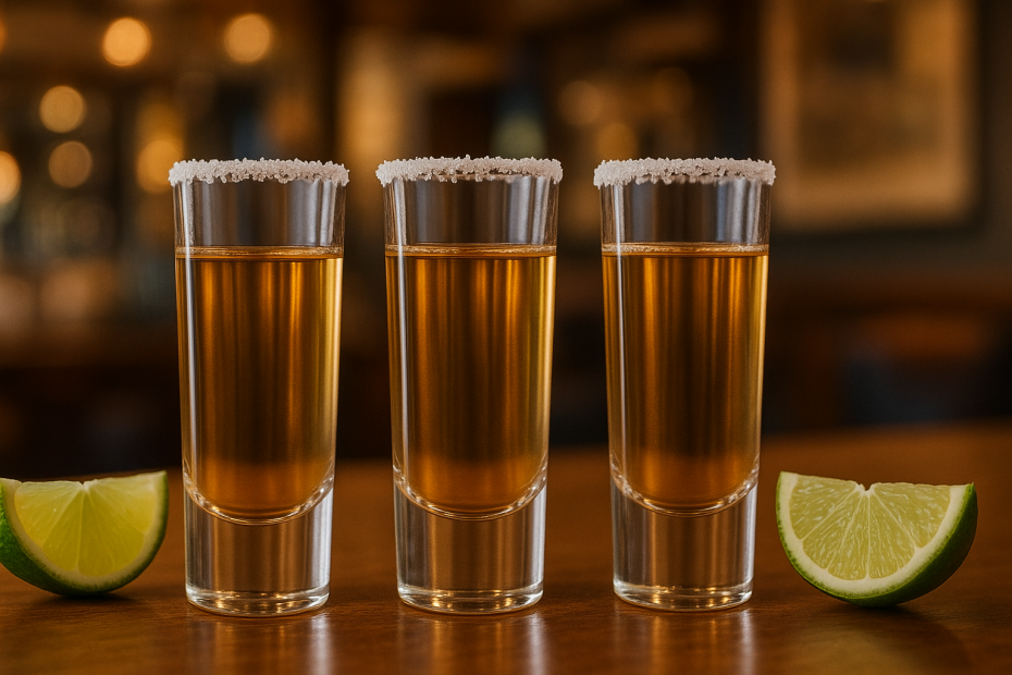 Tequila Shots on Bar Counter in Tall Shot Tumblers