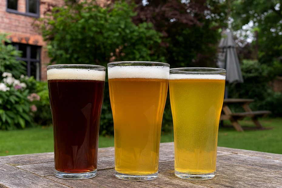 Beer Selection in 400ml Tulip Tumblers in Pub Garden