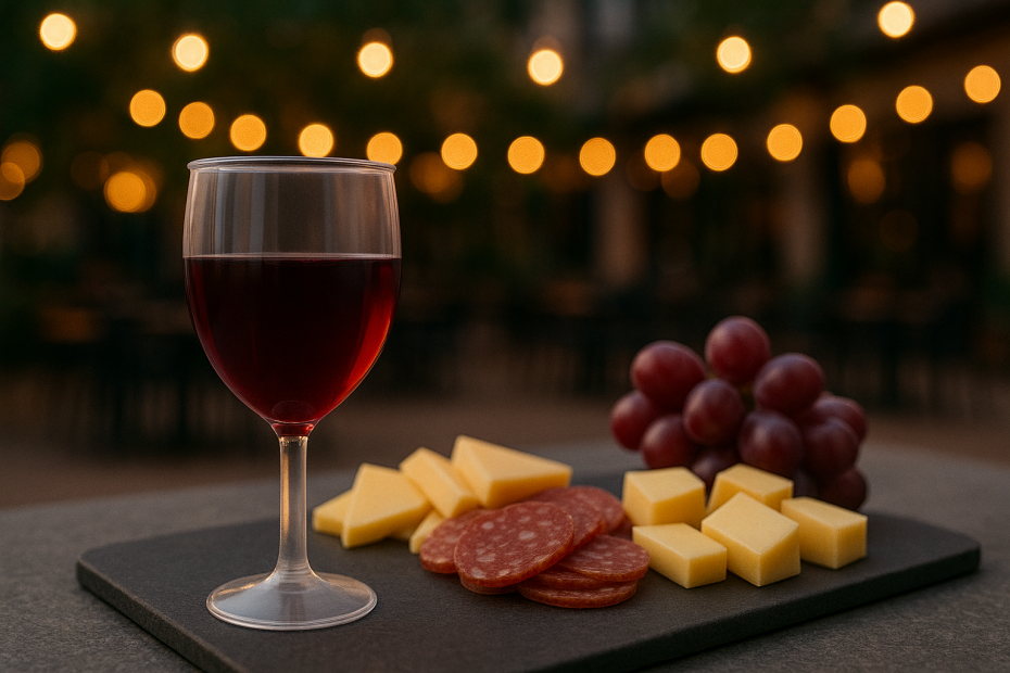 Small Red Wine Tumbler with Snacks in Restaurant Setting