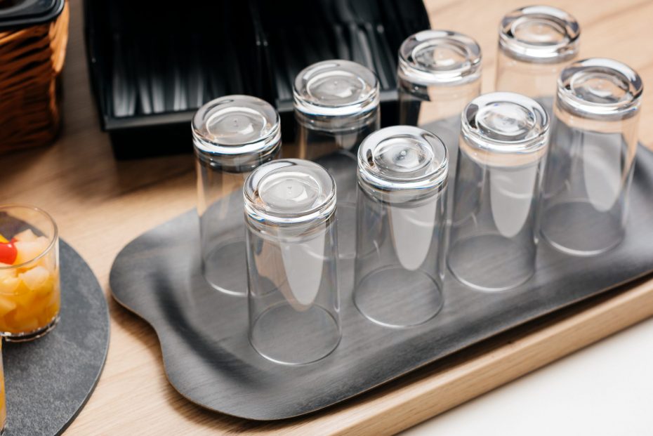 Tall Long Tumblers on a Dark Wood Alpha Wave Tray