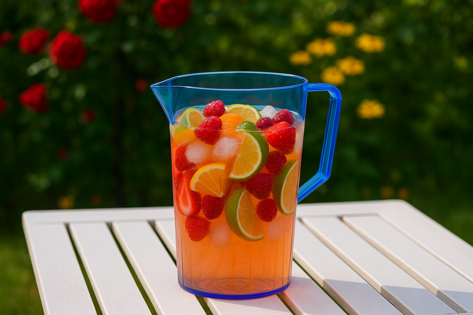Translucent Blue 750ml Jug with Fruit Cocktail in Outdoor Setting