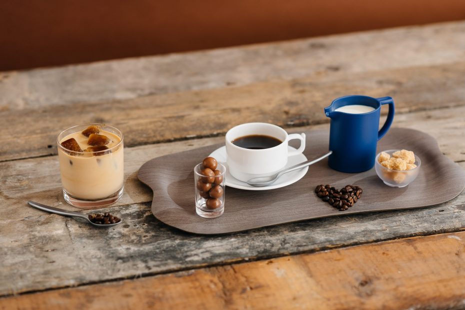 Coffee and Milk Jug on a Grey Wood Alpha Wave Tray