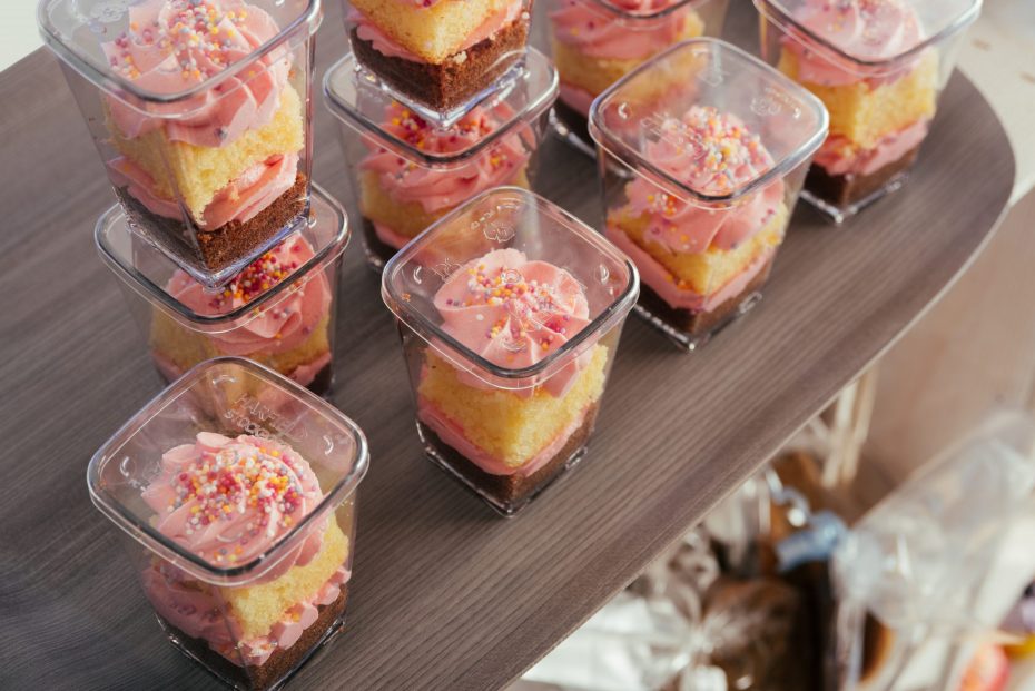 Sponge Cakes in Dessert Pots on Grey Wood Large Craft Wave Tray