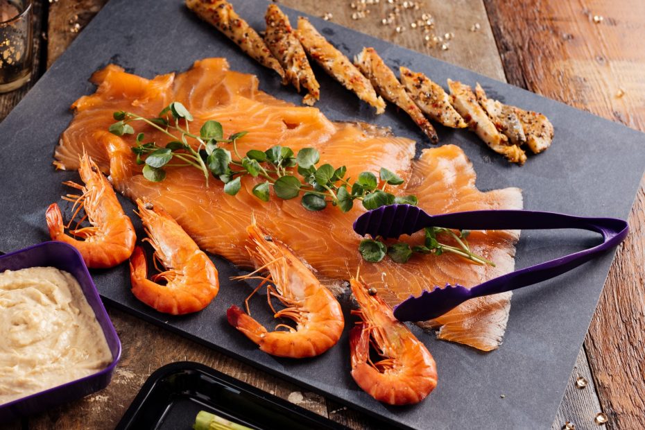 Smoked Salmon on Slate Platter with Serving Tongs