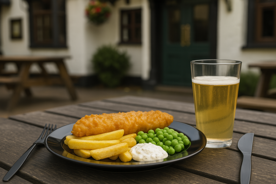 Pint Tumbler in with Fish and Chips in Pub Garden