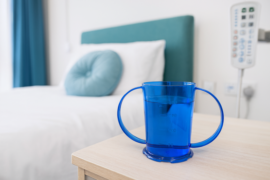 Translucent Blue 2 Handled Graduate Beaker in Care Home Setting