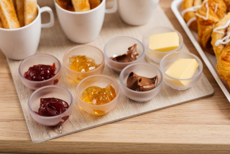 Breakfast Buffet with Jams, Butter and Chocolate Spread in Dip Bowls