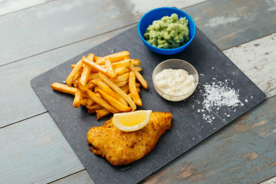 Fish and Chips with Tartare Sauce in Frosted Dip Bowl