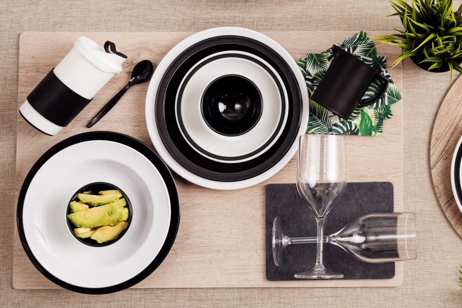 Black and White Tableware on an Oak S-Plank