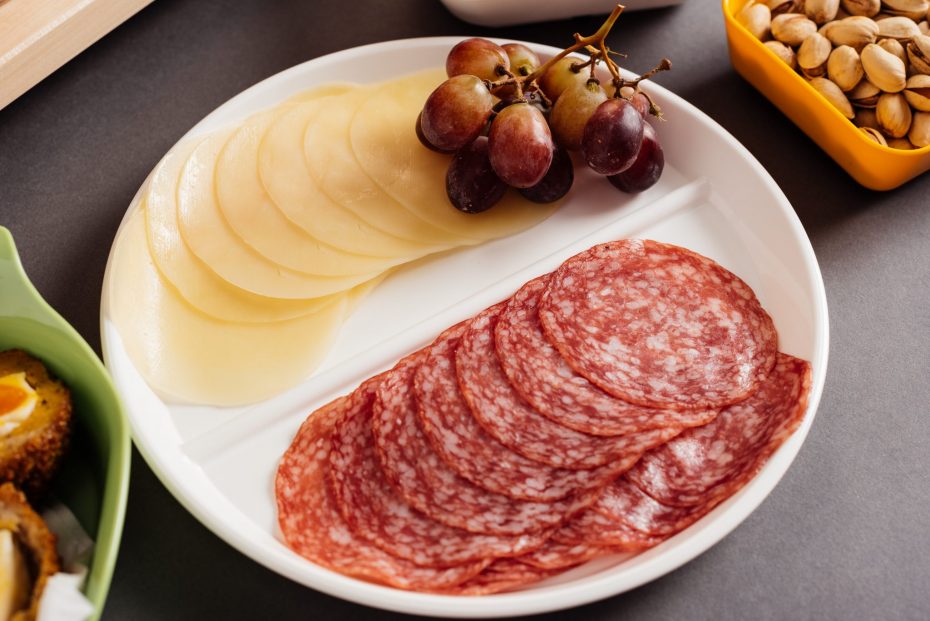 White 2 Compartment Plate with Salami and Cheese