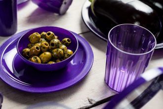 Purple Translucent Copolyester Tumbler with Purple Bowl of Olives