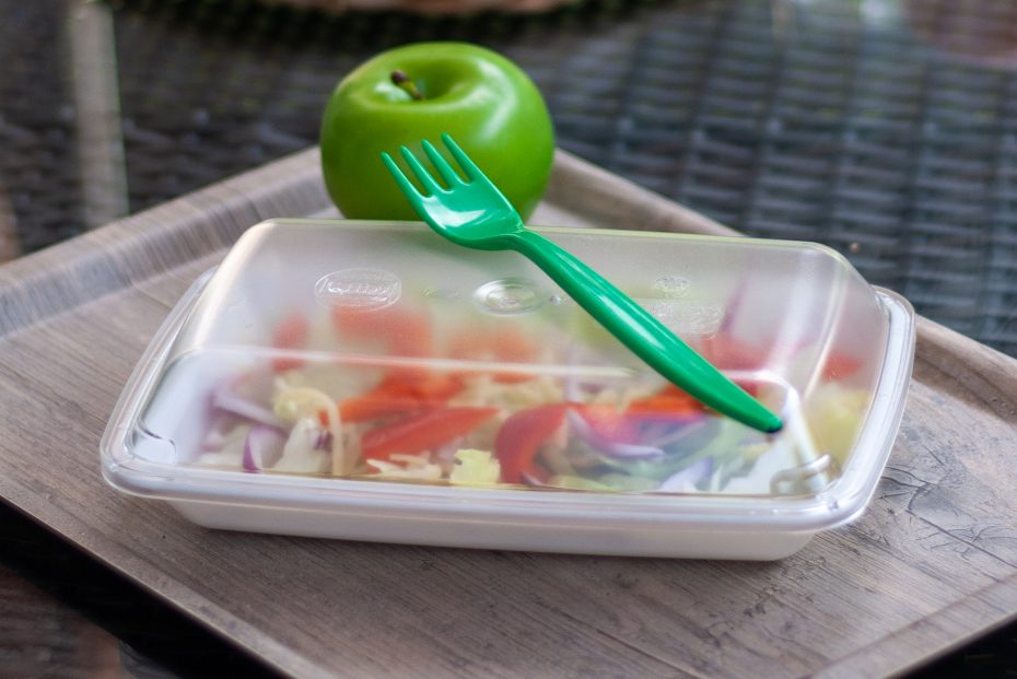 Salad in rectangular bowl