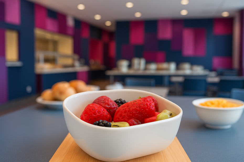 Small White Square Bowl with Fruit Salad in Canteen Setting