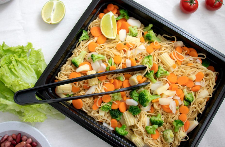 Veggie Pasta Served in Gastronorm with Black Serving Tongs