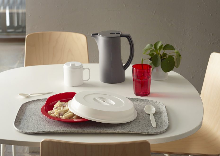 Red Scoop Plate and Cover in Assisted Dining Setting