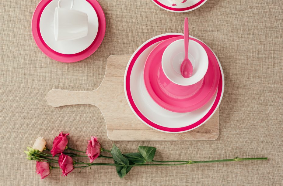 Pink and White Tableware on a Paddle Oak S-Plank