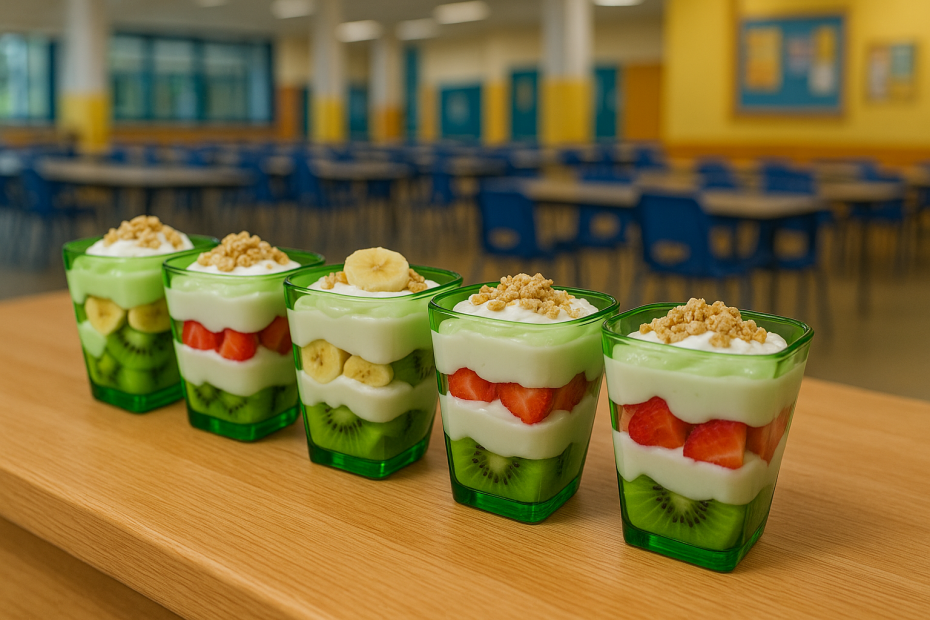 Small Translucent Green Pots with Layered Dessert in School Setting