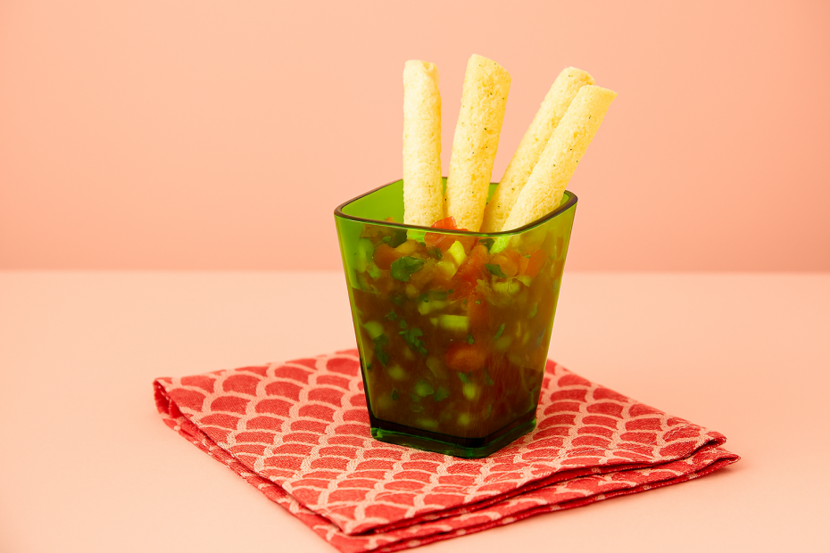 Tortilla and Salsa Snack in Small Translucent Green Dessert Pot