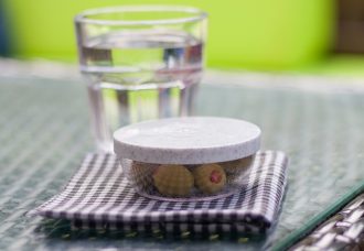 Frosted Bowl with Olives and Granite Lid