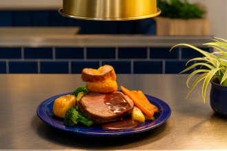 Roast Dinner on Royal Blue Hi Heat Plate