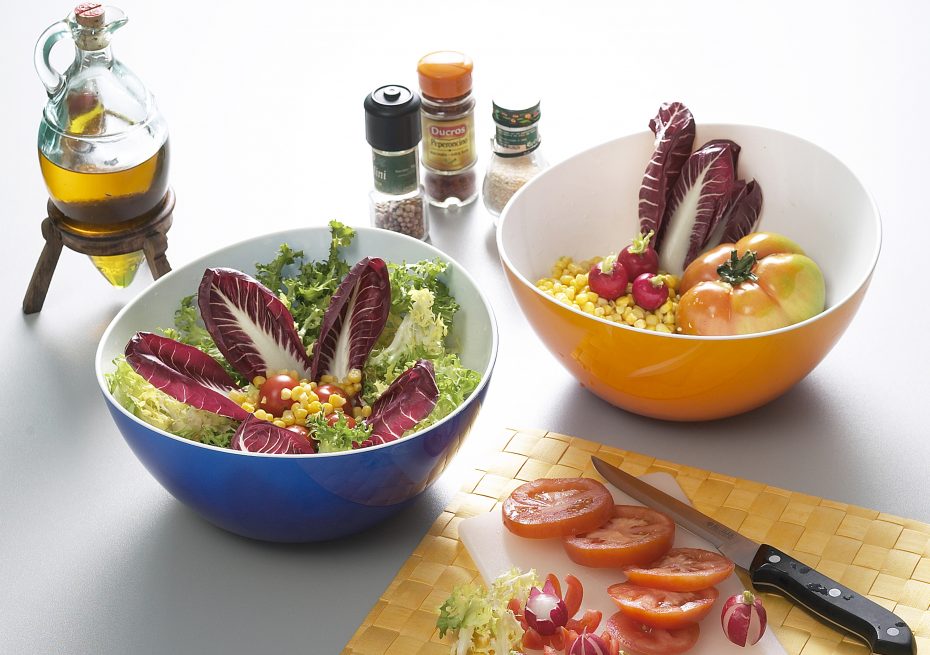 Curved Edge Salad Bowls in Blue and Yellow