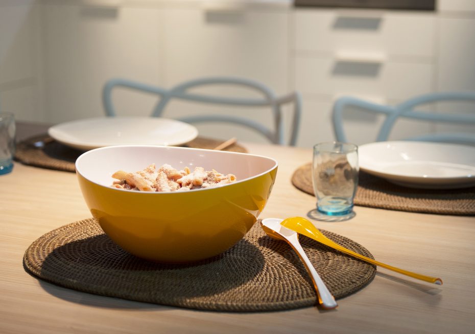 Yellow Curved Bowl with Pasta as Serving Bowl