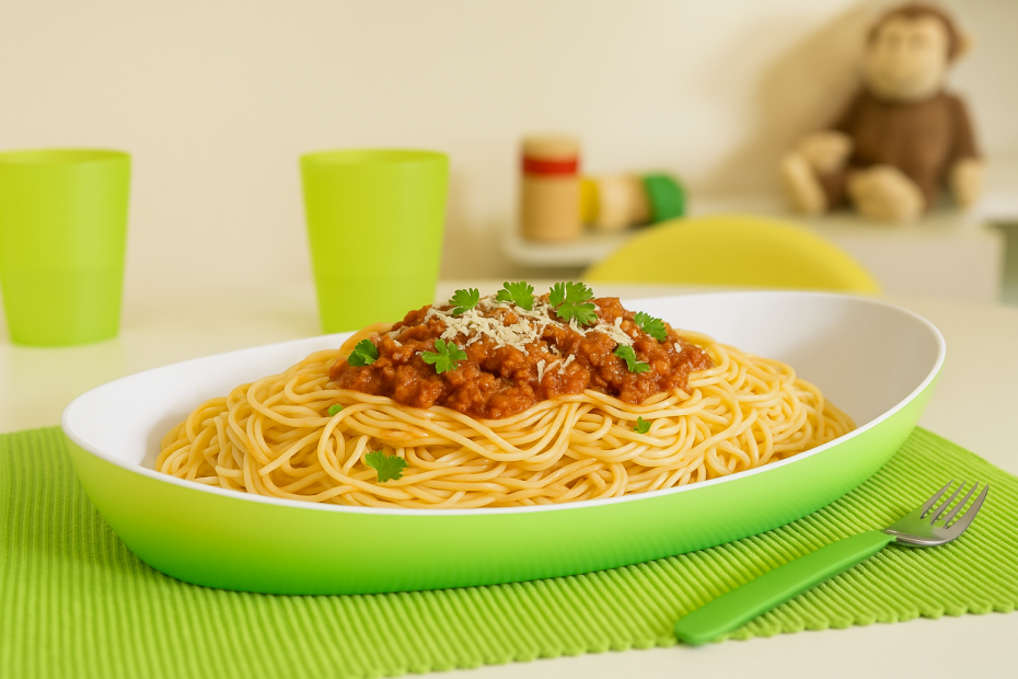 Large Green Server Plate with Spaghetti in Nursery Setting