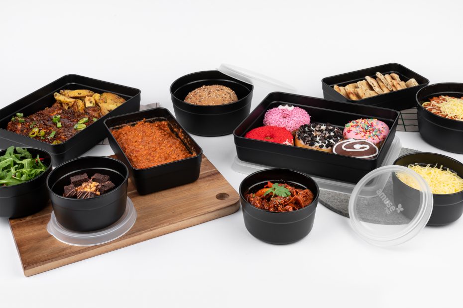 Amuse Black Container Range with Variety of Foods