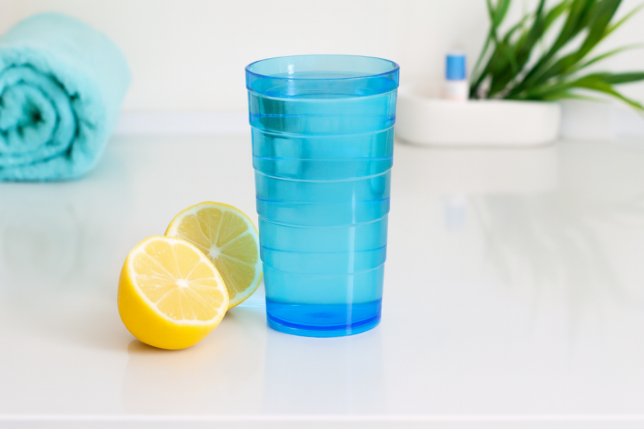 Translucent Blue Graduated Ribbed Tumbler with Water