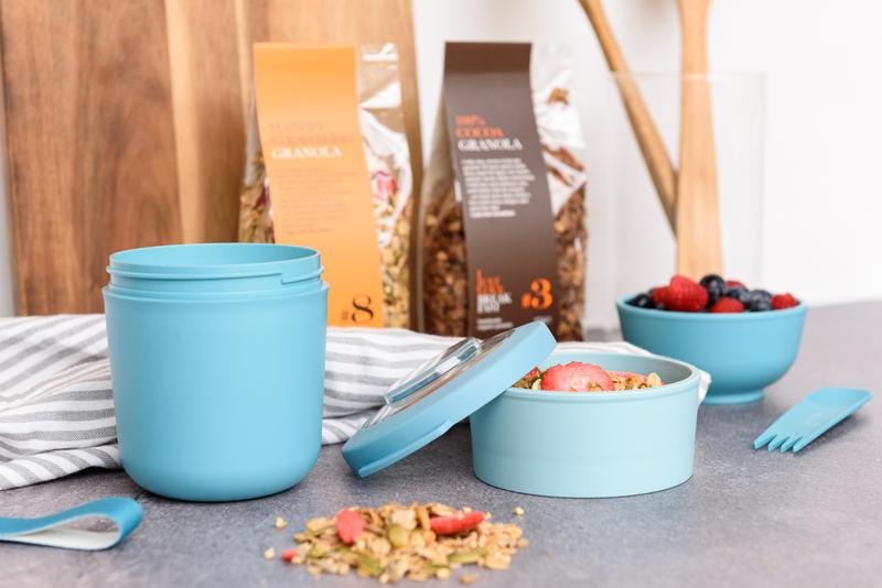 Blue Breakfast Pot with Granola and Strawberries