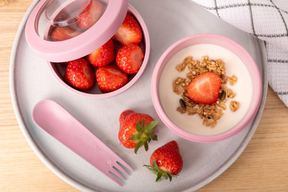 Pink Breakfast Pot with Yogurt and Strawberries