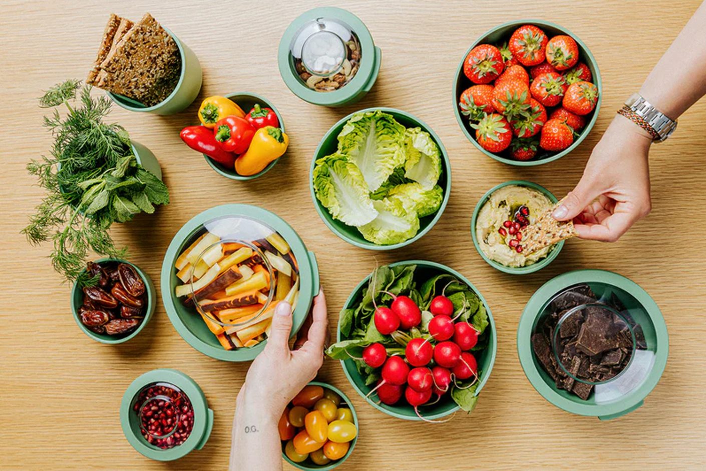 Tylla Sage Green Bowls with Fresh Fruit and Veg