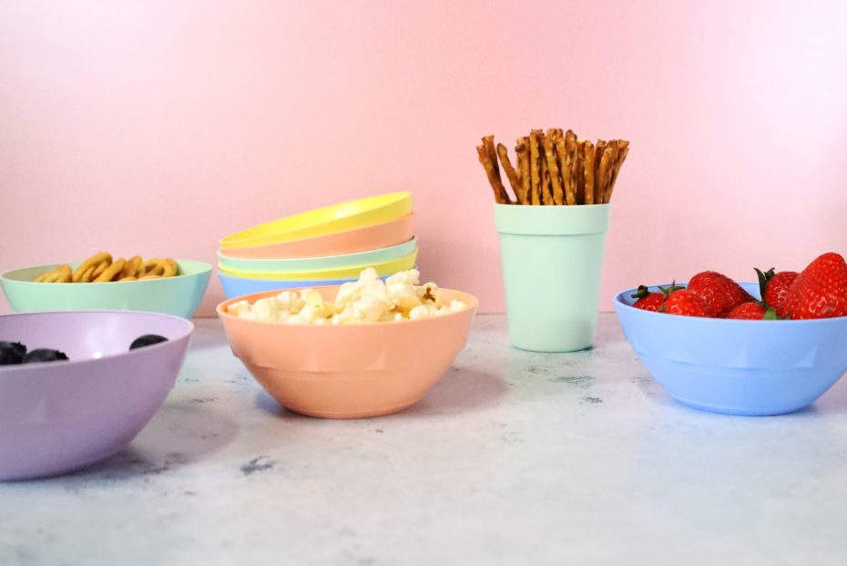 Pastel Bowls with Fruit and Savoury Snacks