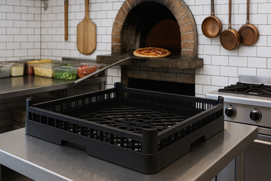 Dishwasher Rack with Fine Mesh in Pizzeria Setting