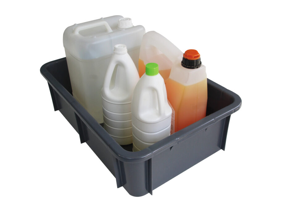 Grey Storage Container with Liquid Bottles