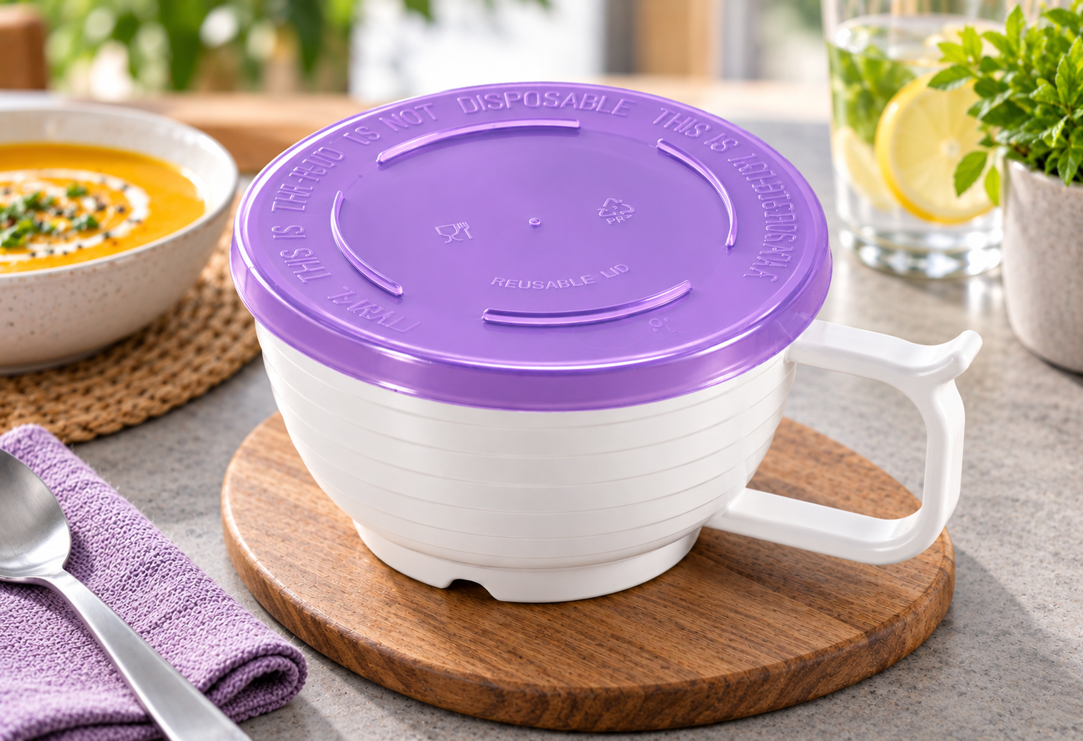 White Hi Heat Cup with Purple Lid in Dining Setting