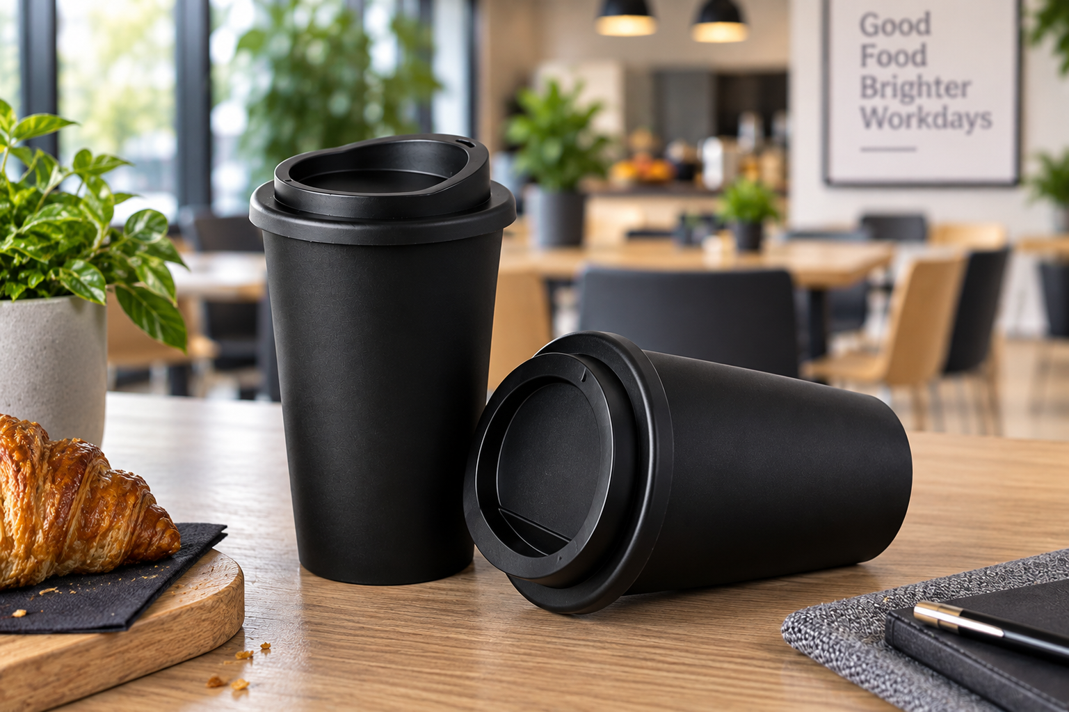 Black American Coffee Cups in Stylish Coffee Shop Setting