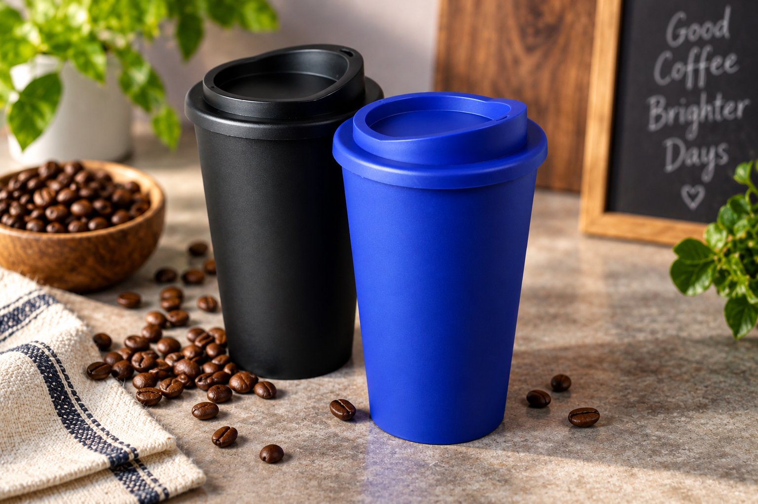 Black And Blue Americano Coffee Cups in Lifestyle Setting