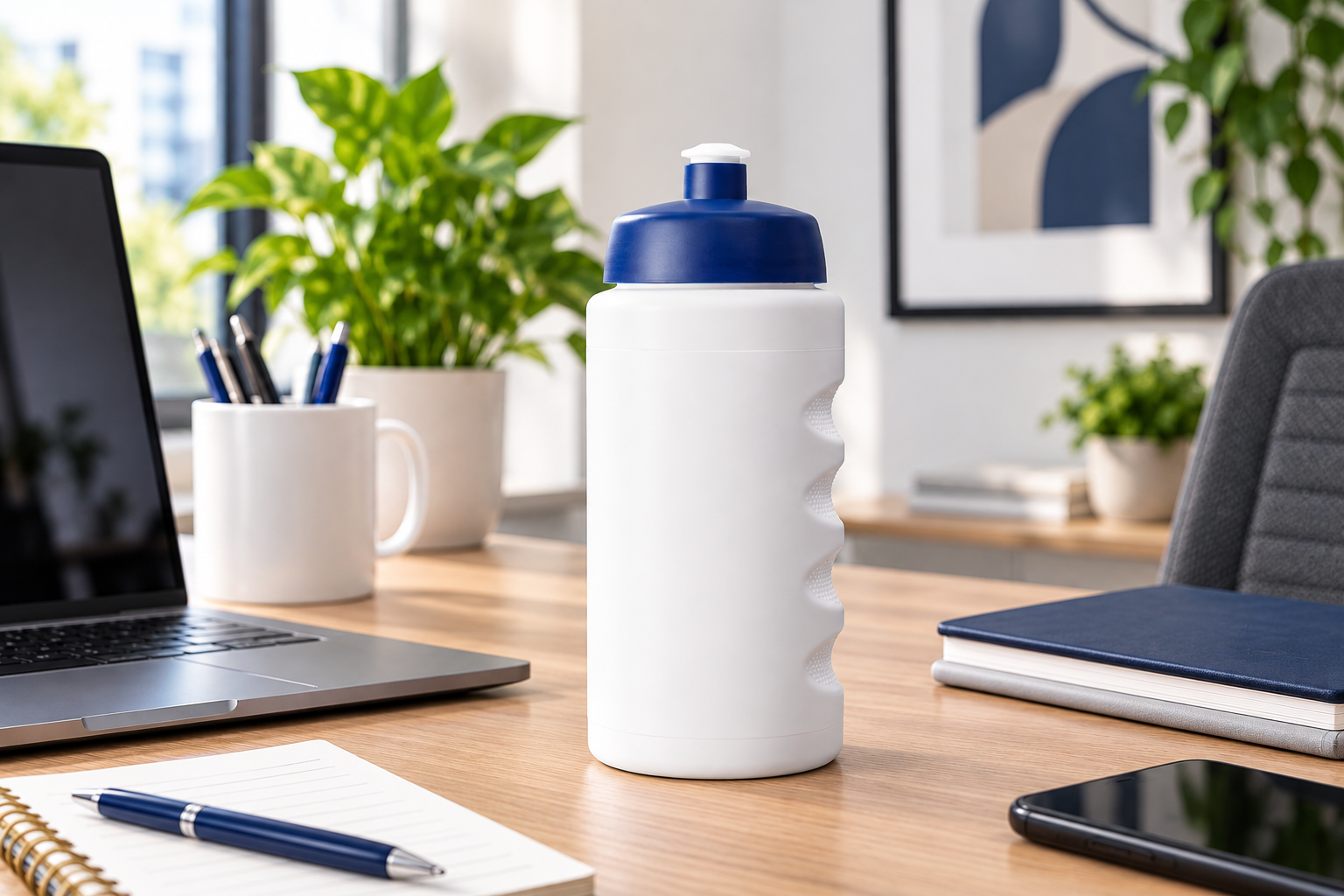 Economy Water Bottle with Blue Lid in Office Environment