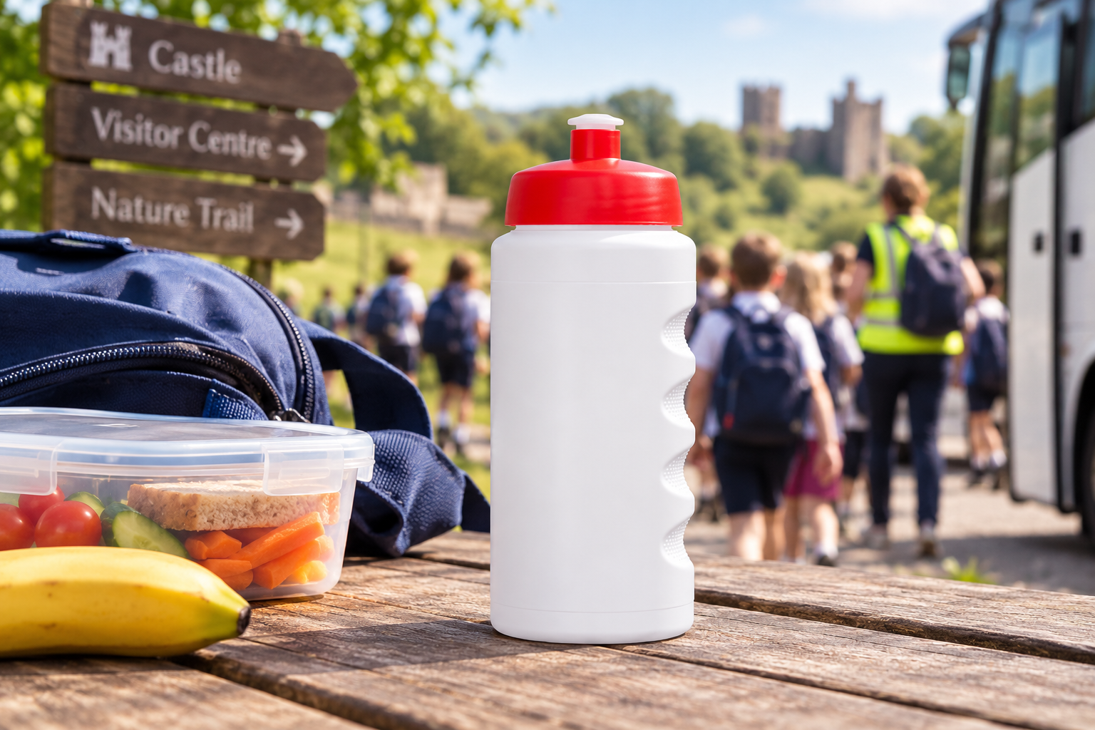 Economy Water Bottle with Red Lid On School Day Trip