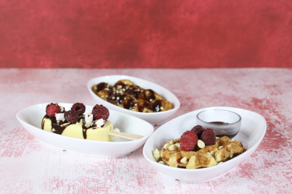 Trio of desserts in large deep oval dishes