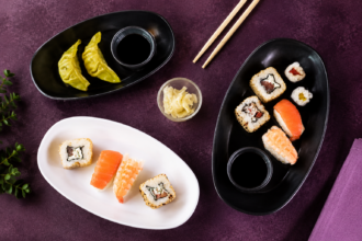 Selection of Japanese Dishes Served in Elegant Oval Dishes
